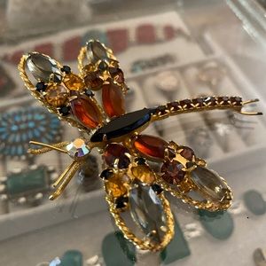 rhinestone and amber and onyx jeweled butterfly brooch/pin.